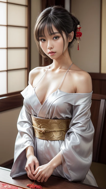 (Tabletop:1.Photorealistic:1.4, 8K), Highest quality, masterpiece, Ultra-high resolution, Professional camera work, Grow light effect, Realistic portraits, Cinematic Light, Highly detailed skin and facial textures:1.Perfect dynamic composition, Ultra-detailed, Detailed eyes, Detailed limbs, (Japanese style room, Formal hanging scroll, tradition:1.5), One Girl, Age 25, Cute sexy slim japanese woman, Fair skin, (A dreamy look:0.9, Totally captivates you:1.0), (Silver Kimono:1.32 Off Shoulder), (Ample breasts:0.9), (Buckshot, Calm pose), (Beautiful Blue Eyes, Beautiful erotic eyes:0.85), Sexy Face:0.4, (A taste that exudes beautiful eroticism:0.85), ((Too cute beauty:0.9))
