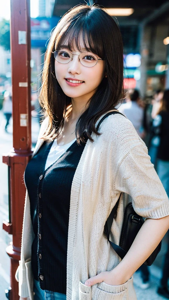 (8K、Raw photography、top-quality、masterpiece:1.2)、(realisitic、Photorealsitic:1.37)、ultra-detailliert、超A high resolution、女の子1人、see the beholder、beautifull detailed face、A smile with a little visible teeth、Constriction、(Slim waist) :1.3)、((Wearing a cardigan))、pastel clothing、Beautiful detailed skin、Skin Texture、Floating hair、((Long))、large breasts with good shape、Professional Lighting、In front of the station at noon、((Black square glasses))、Whole human body、Black hair、((Have a small rucksack))、