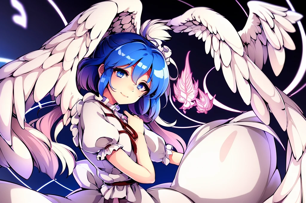 (best quality,4k,8k,highres,masterpiece:1.2), ultra-detailed, highly detailed texture, intricate details, A cute age angel with blue eyes, drawn in anime style, 1girl, , , 10 ydium blue hair, hair flaps, pink ribbon on head, well-formed face, blue eyes, angel girl, white blouse, puffy short slee red ribbon, angel wings, long white skirt, red shoes, frills, ribbon head, A pair of angel wings on the back
