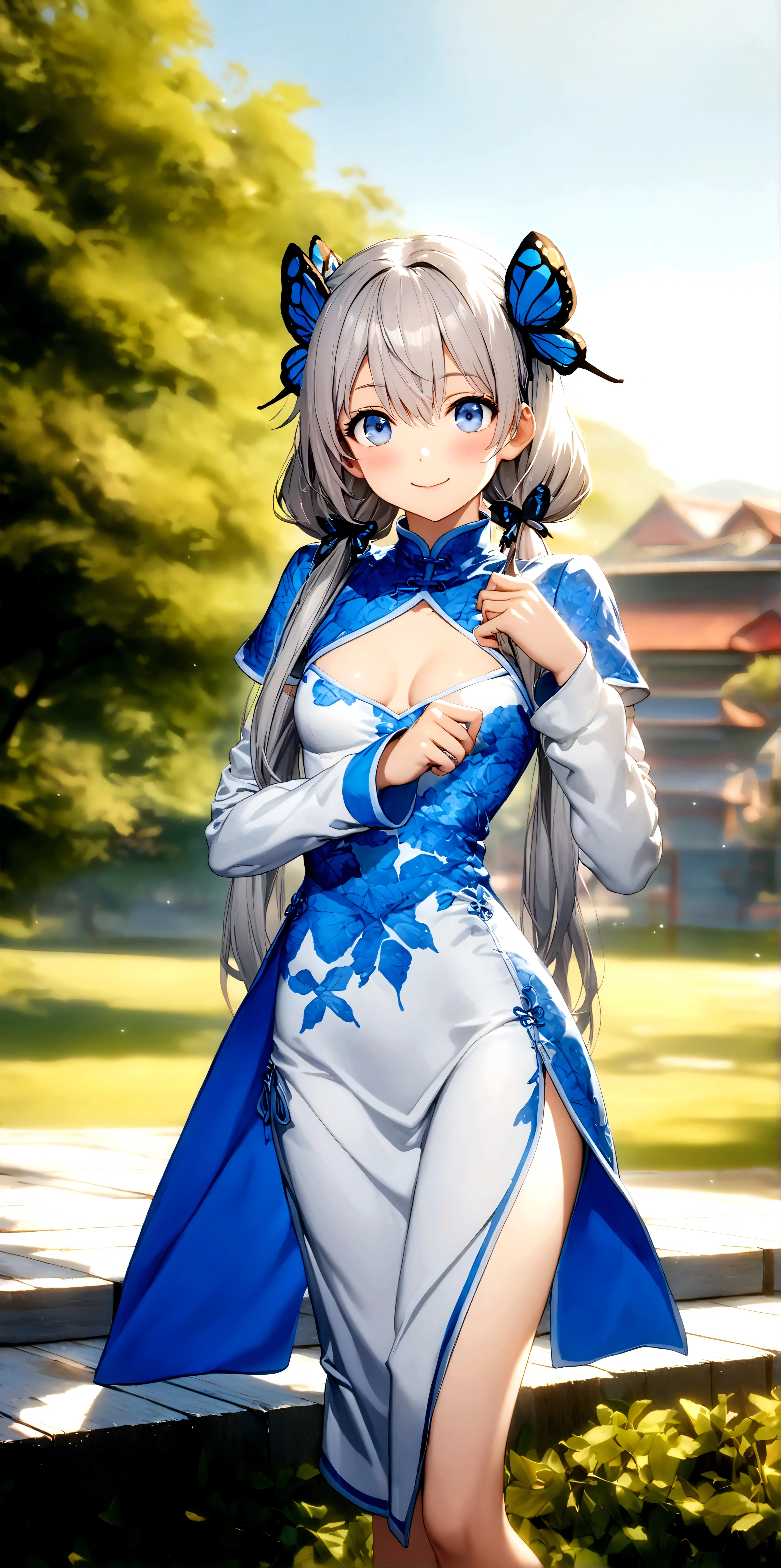 ((32k)), ((best quality)), ((ultra high res)), ((HDR)), ((UHD)), ((extremely detailed CG)), ((unity 32k wallpaper)), ((illustration)), ((cool girl)), ((18 years old)), ((silver hair)), (((long low twintails))), ((blue eyes)), (((medium chest))), ((cleavage)), (((china dress))), (((white china dress))), (((Butterfly patterned China dress))), (((china hat))), (((sleeve))), (((Butterfly shaped hair ornament))), (((chinese style background))), (((smile))), ((cowboy shot)), ((from front)),