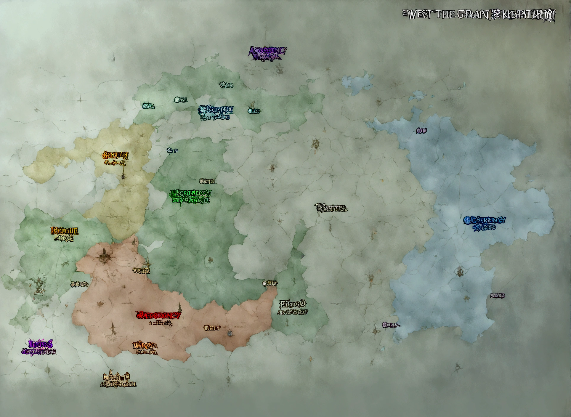 Aerial view taken directly from a drone from above, Parchment map of the mysterious continent, (A great dark magic sprouted from the West:1.2), (The air is filled with black necromancy.:1.2), fire, Ice and thunder, Dungeons & Dragons, Final Fantasy, Game Art, (Coherent architecture and interior design, With realistic proportions and textures, Intricate details, Hand Painted, Energetic, light, masterpiece, 8K:1.2),world map