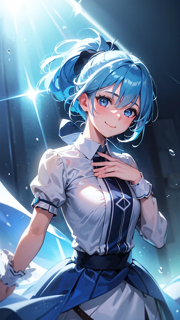 a young girl with a blue ponytail, large raindrops falling, raindrops glowing and refracting light, beams of light, light blue eyes, smiling and looking up at the sky, sunlight streaming in, best quality, 8k, high resolution, masterpiece