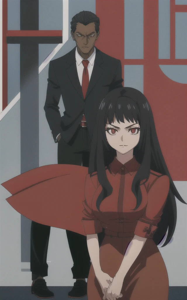 90s anime adult Evil black skinned business woman in a red skirt and red blazer suit full body   