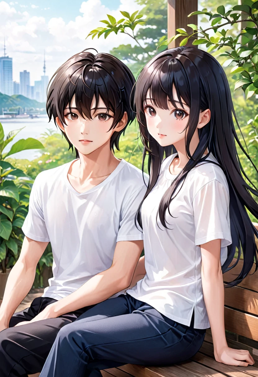 Couple, There are only two people, A beautiful woman with long hair wearing a white shirt, cute anime-style face, realistic anime girl, Chisato, black hair with bangs, Kurumi, cute and delicate face, young cute pale Asian face, Sakimichan, Realistic anime boy, A handsome boy in a white shirt, girl sitting in boy's arms, Smiling at the camera Look at each other, Beach, Sunset