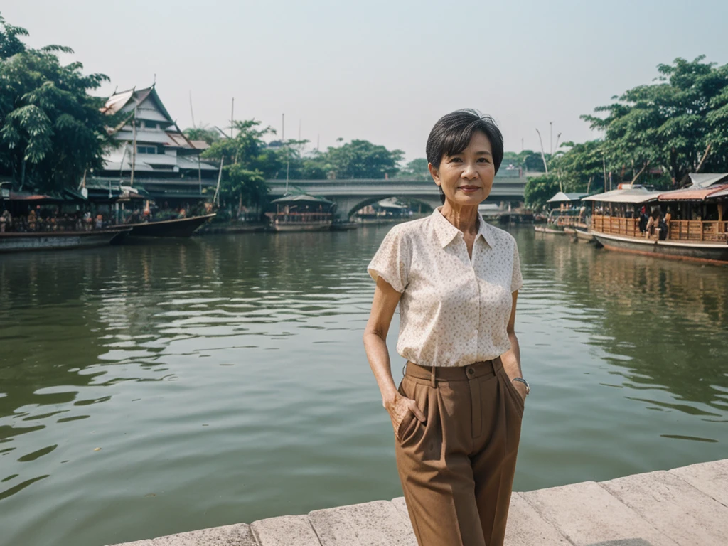 Khin Than Nu, RAW PHOTO, her name is Chariya, high quality, 1 old woman, ((58-year-old slim THAI woman)), (((58 years old))), ((slim body)), ((wrinkled body)), (((old body))), (((short hair))), she is wearing a fashionable stylish Generation X wear different colors, POSE: standing, BREAK, BACKGROUND: outdoor, Along the tranquil banks of the Chao Phraya River, film grain