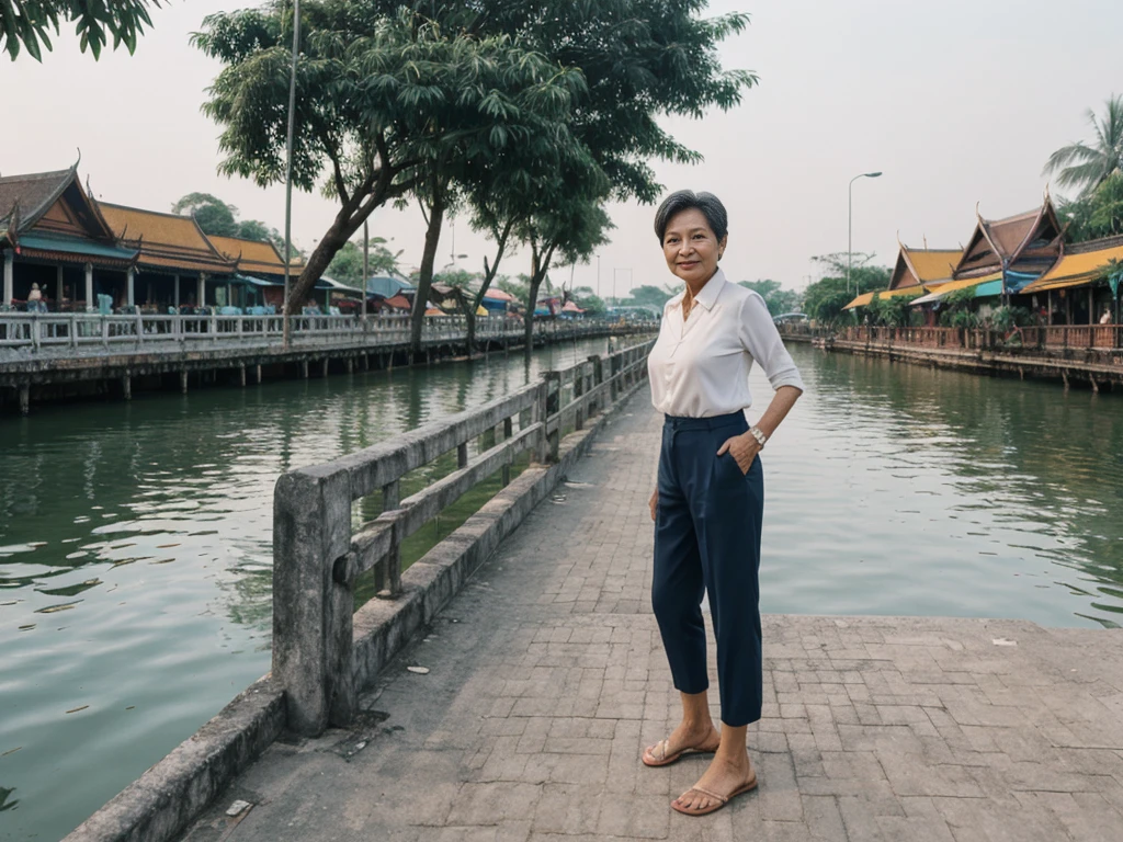 Khin Than Nu, RAW PHOTO, her name is Chariya, high quality, 1 old woman, ((58-year-old slim THAI woman)), (((58 years old))), ((slim body)), ((wrinkled body)), (((old body))), (((short hair))), she is wearing a fashionable stylish Generation X wear different colors, POSE: standing, BREAK, BACKGROUND: outdoor, Along the tranquil banks of the Chao Phraya River, film grain