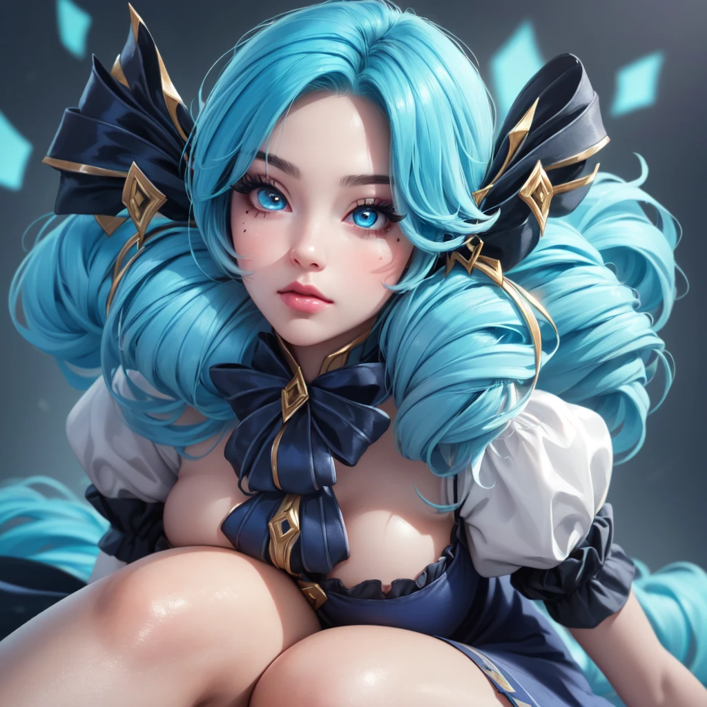 (ultra realistic,32k,RAW photo:1.1),(high detailed skin:1.1), 8k uhd, dslr, high quality, film grain, (makeup, mascara:1.1), lips, (thick\lips\), blue eyes, big breast, (busty:1.1) , (chubby:0.1), (lighting:1.1), dark theme, big depth of field, beautiful face, highly detailed skin, (masterpiece, best quality), intricate details, 1girl, twin drills, drill hair, twintails, bow, hair bow, black bow, gwen, beautiful small eyes, looking in the center, blue hair, thighs, solo, gwen league of legend, sexy, dress, short sleeves, grey dress, puffy sleeves, black dress, big boob, smooth face