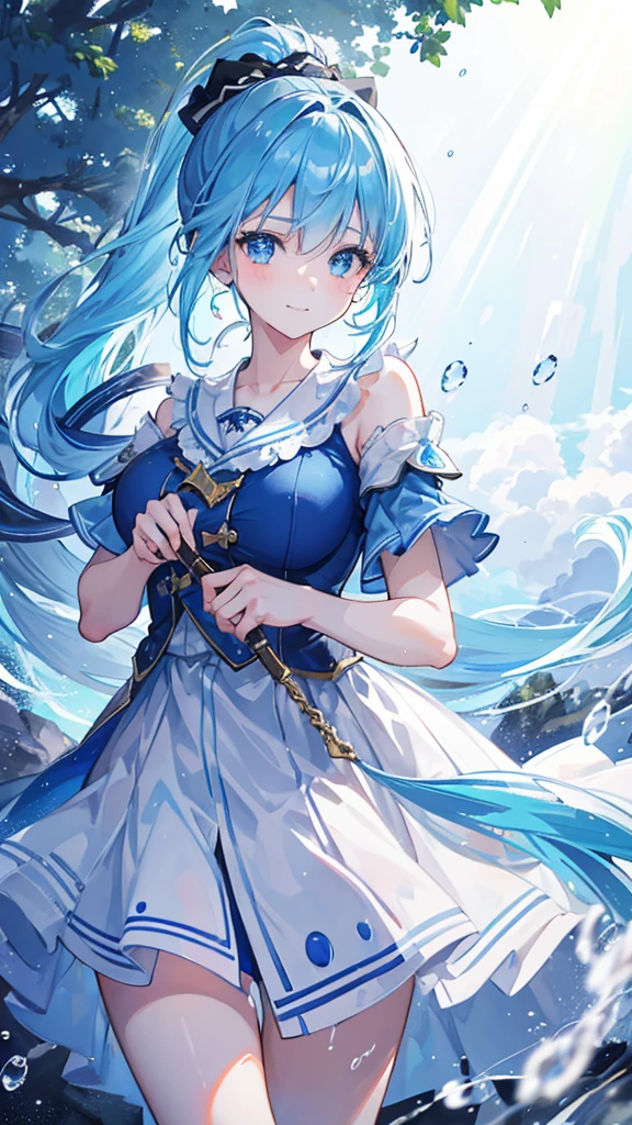 a young girl with a blue ponytail, large raindrops falling, raindrops glowing and refracting light, beams of light, light blue eyes, smiling and looking up at the sky, sunlight streaming in, best quality, 8k, high resolution, masterpiece