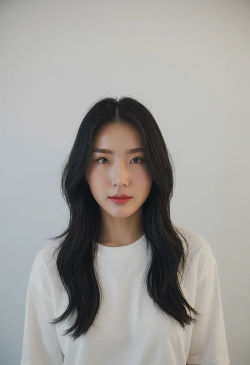 Best Quality, 8k, Masterpiece, (Portrait: 1.3), (photo realistic:1.4), (hyper realistic:1.4), Sharp Focus, looking at viewer, (smoother lighting:1.1), (increase cinematic lighting quality:0.9), realistic lighting, backlighting, light on face, ray trace, (brightening light:1.2), (Increase quality:1.4), sharp detail, (best quality real texture skin:1.4), finely detailed eyes, black_eyes, finely detailed face, 25 year old Korean woman, (t-shirt:1.4), (Create an image maintaining the original base model hairstyle:1.5),smailing_face