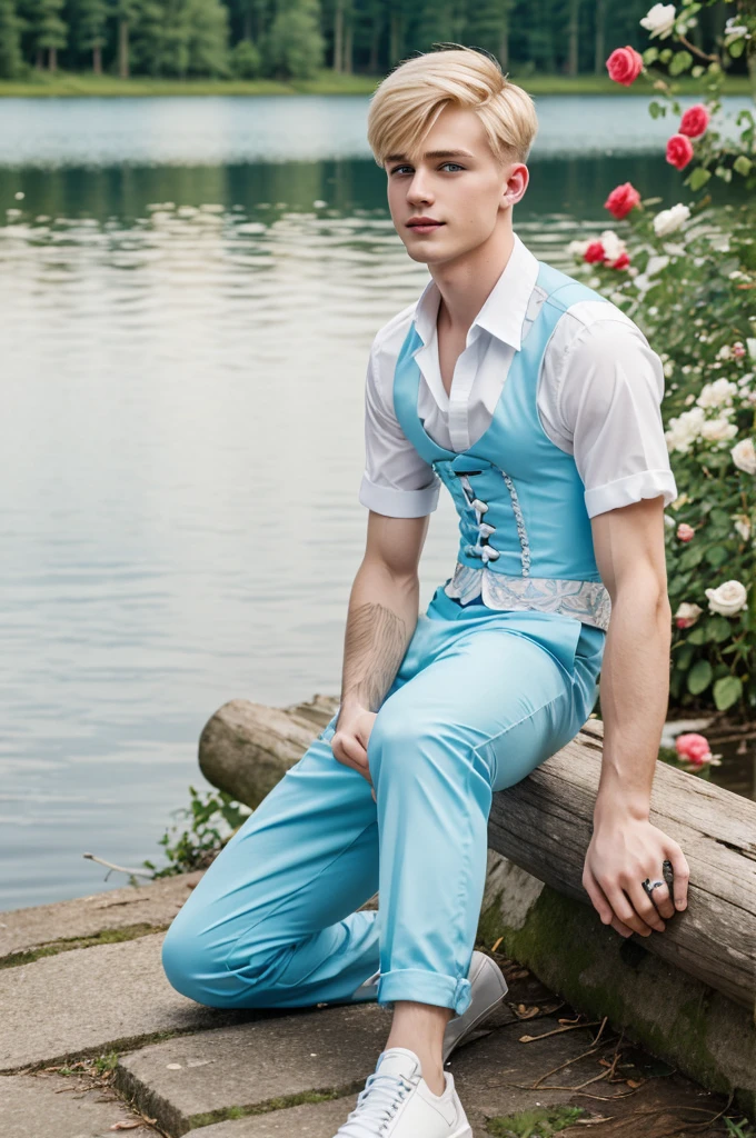 20 year old blonde eboy haircut boy, happy, White, beautiful blue-eyed sitting on the shore of a lake in a forest with many beautiful roses and 6 white butterflies flying around him, with a shirt, a corset and baby blue pants