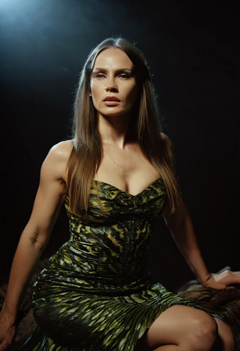 professional photograph of a 31 year old model, by Peter Hegre, photography studio,__perspective__, beautiful evil slavic muscular woman, pale skin, long hair, dressed in elegant long dress, dynamic model pose, bold lines, hyper detailed,warm natural lighting, cinematic, film grain, sitting, tropical plants on background, (intricate details, masterpiece, best quality:1.4),hyper detailed, bright extensive palette, mesmerizing, dynamic, dramatic, sensual, dynamic pose, highly detailed skin with hair, subcutaneous veins,skin fluff,fine wrinkles,high contrast,best Ray tracing, light and shadow play, highly detailed,24mm photograph, film, bokeh, professional, 4k,