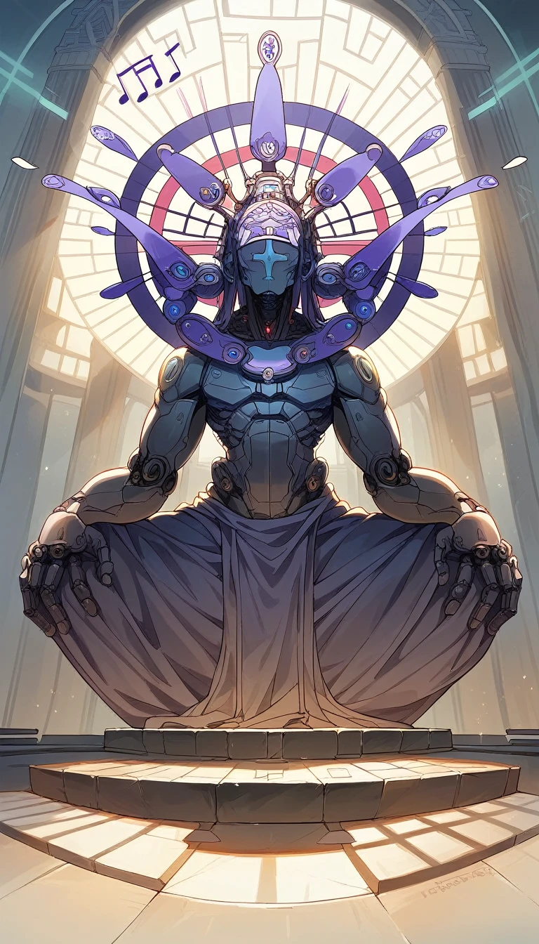 , (Full body shot:1.5), A purple cyberpunk robot monk with folded hands, multiple hands, meditating, sitting in lotus position, doing meditation pose, wearing an ornate headdress made of black metal parts, precision mechanical body, ultra-fine electronic components, temple background, cinematic lighting, musical note hair ornament,  Futurism, Conceptual art, Luminism, god rays, symmetry, first-person view, Ultra-Wide Angle, UHD, anatomically correct, accurate, masterpiece, award winning, 8k