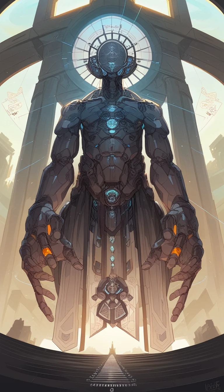, (Full body shot:1.5), A purple cyberpunk robot monk with folded hands, multiple hands, meditating, sitting in lotus position, doing meditation pose, wearing an ornate headdress made of black metal parts, precision mechanical body, ultra-fine electronic components, temple background, cinematic lighting, musical note hair ornament,  Futurism, Conceptual art, Luminism, god rays, symmetry, first-person view, Ultra-Wide Angle, UHD, anatomically correct, accurate, masterpiece, award winning, 8k
