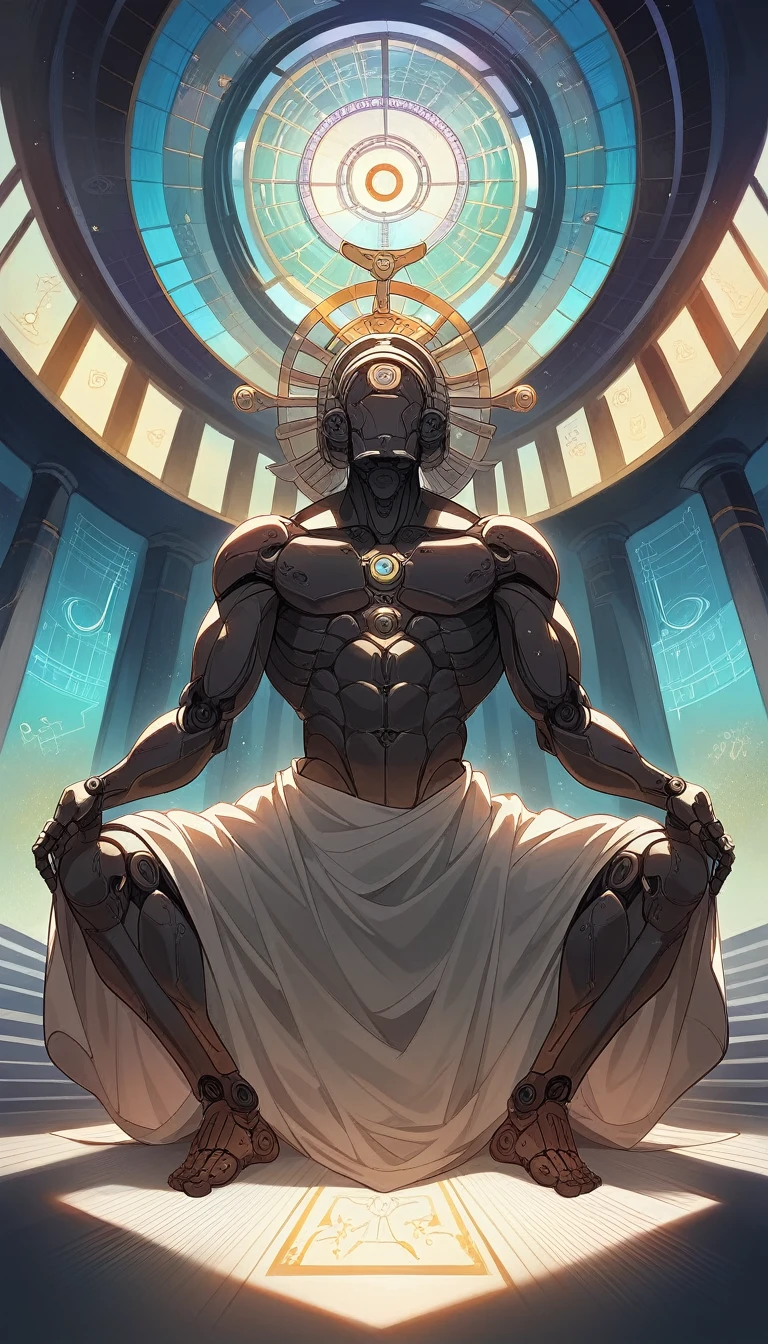 , (Full body shot:1.5), A purple cyberpunk robot monk with folded hands, multiple hands, meditating, sitting in lotus position, doing meditation pose, wearing an ornate headdress made of black metal parts, precision mechanical body, ultra-fine electronic components, temple background, cinematic lighting, musical note hair ornament, Futurism, Conceptual art, Luminism, god rays, symmetry, first-person view, Ultra-Wide Angle, UHD, anatomically correct, accurate, masterpiece, award winning, 8k