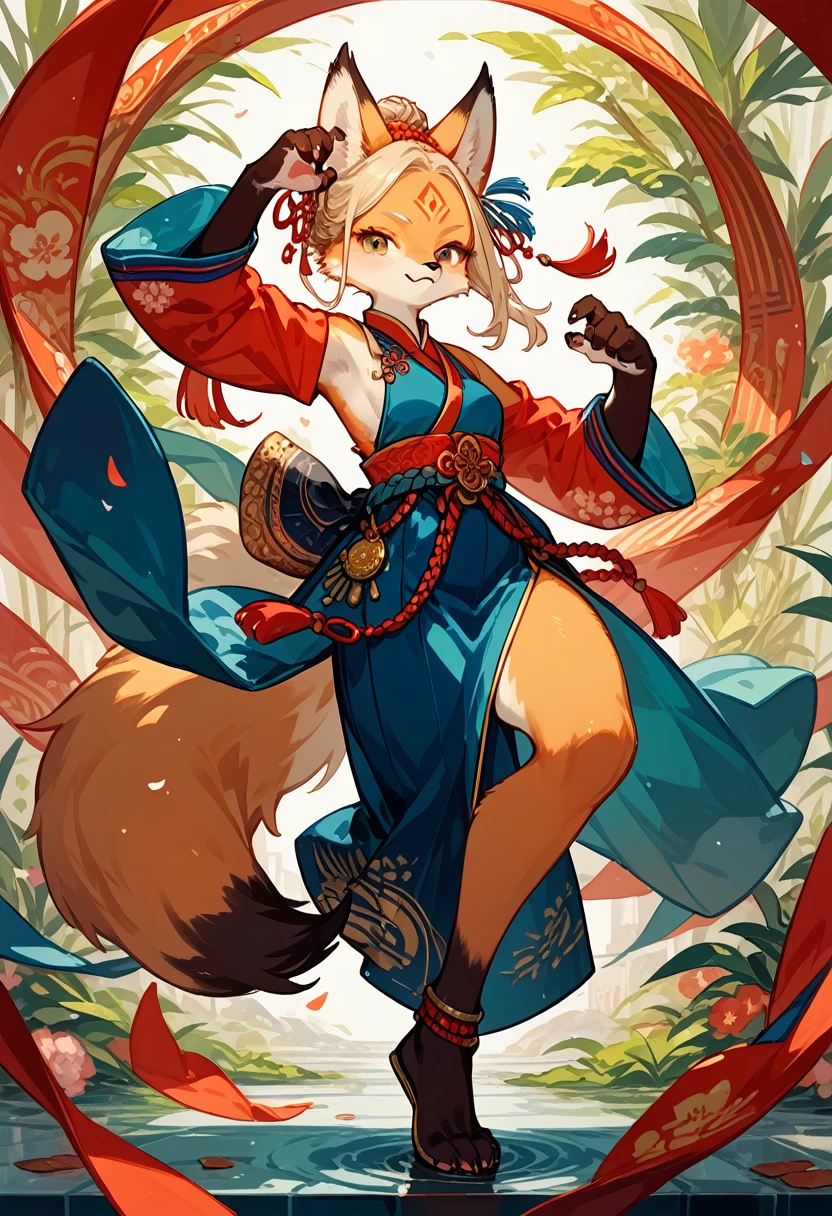 top quality, ancient Chinese beauty, absurdres, perfect anatomy, kemono, solo focus, furry anthro, fox facial features, fox body features, very detailed body fur, full body, dancing pose,