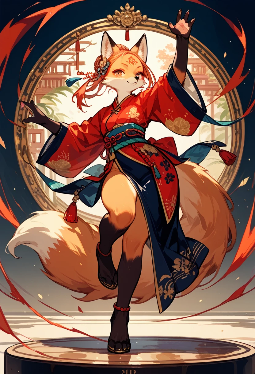 top quality, ancient Chinese beauty, absurdres, perfect anatomy, kemono, solo focus, furry anthro, fox facial features, fox body features, very detailed body fur, full body, dancing pose,