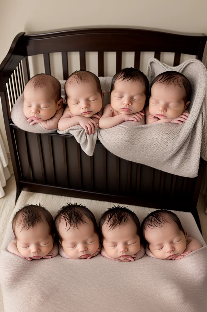 The  triplets sleep peacefully in their crib, snuggled, They look so peaceful in this harmonious room, Your ears rise and fall with your first breaths