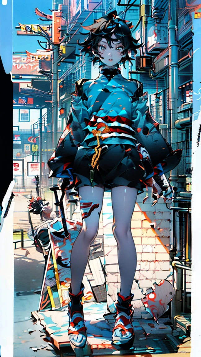 ((full body: 2)),((tachi-e:2.0)), ((character chart:1.5)),((uhd, masterpiece, super detail, best quality, highres, 8K)), (detailed line art), perfect face, Human, about 20 years old, (1 female),Black hair, yellow mesh, yellow eyes, vivid color street fashion, calligraphy、short hair、cool、Pants Style