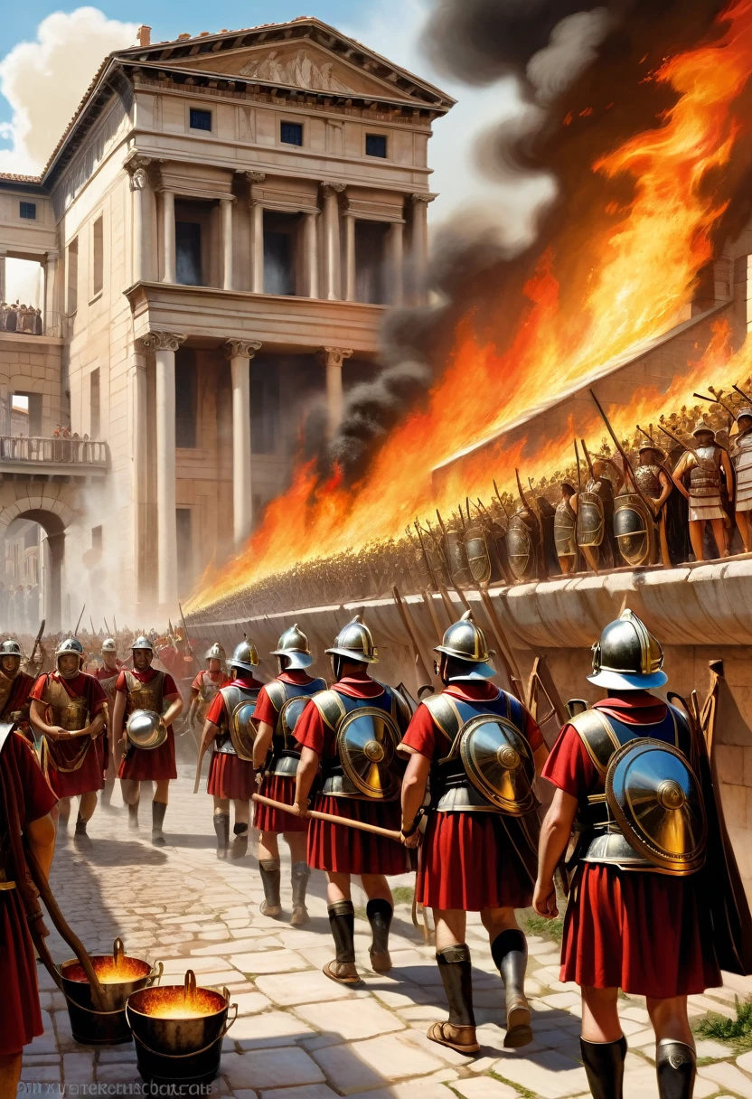 "A detailed image of Marcus Crassus's personal brigade of firefighters in ancient Roman attire, forming a line to pass buckets of water and extinguish a burning building. Crassus, wearing a laurel wreath, stands in the background overseeing their efforts. The scene includes Roman-style architecture and tools, with the firefighters working diligently to control the blaze."
Size: "1024x1024"