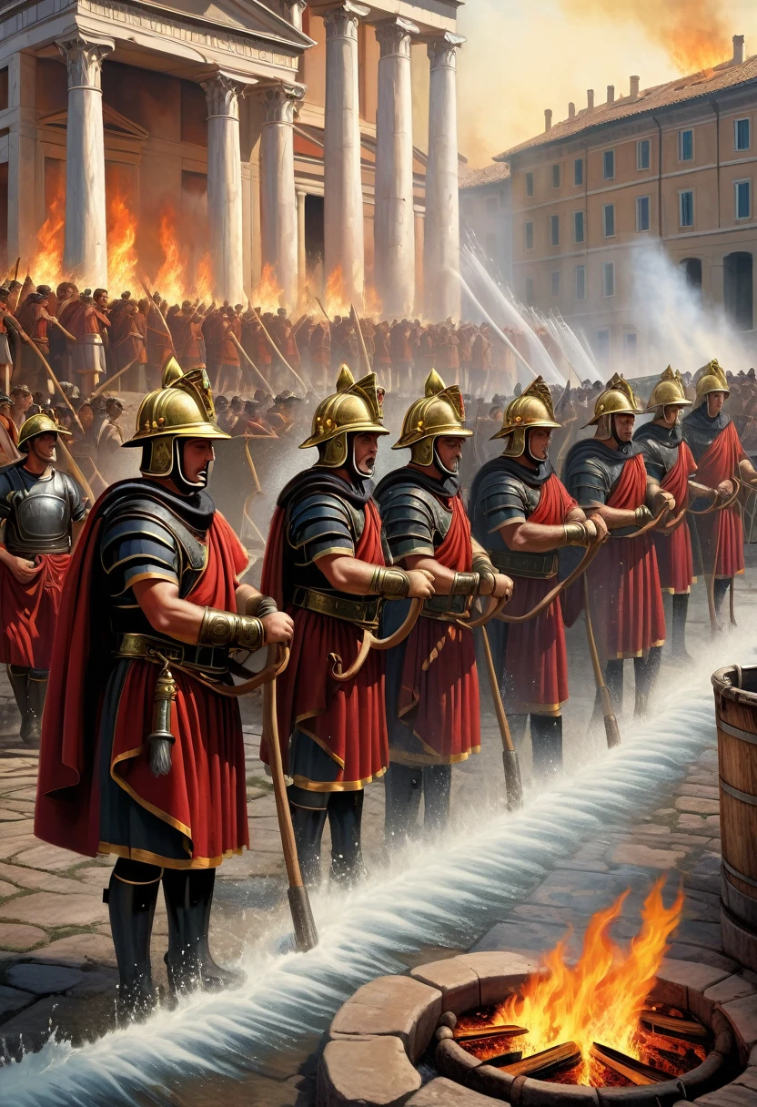 "A detailed image of Marcus Crassus's personal brigade of firefighters in ancient Roman attire, forming a line to pass buckets of water and extinguish a burning building. Crassus, wearing a laurel wreath, stands in the background overseeing their efforts. The scene includes Roman-style architecture and tools, with the firefighters working diligently to control the blaze."
Size: "1024x1024"
