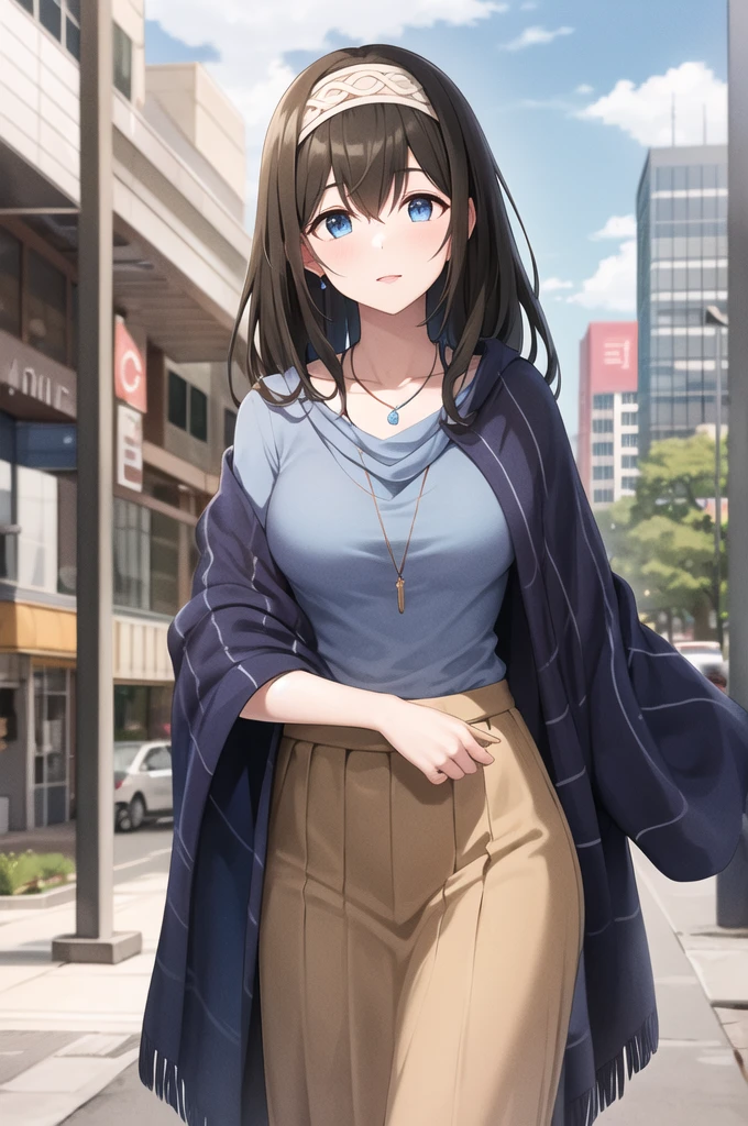 masterpiece, Highest quality, High resolution, Ahmika, Idol Master, Long Hair, hair band, clavicle, necklace, Blue sweater, Blue shawl, Brown Skirt, Cowboy Shot, Are standing, Outdoor,