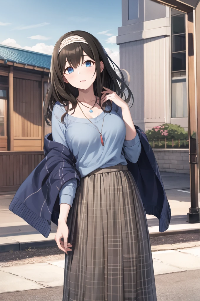 masterpiece, Highest quality, High resolution, Ahmika, Idol Master, Long Hair, hair band, clavicle, necklace, Blue sweater, Blue shawl, Brown Skirt, Cowboy Shot, Are standing, Outdoor,