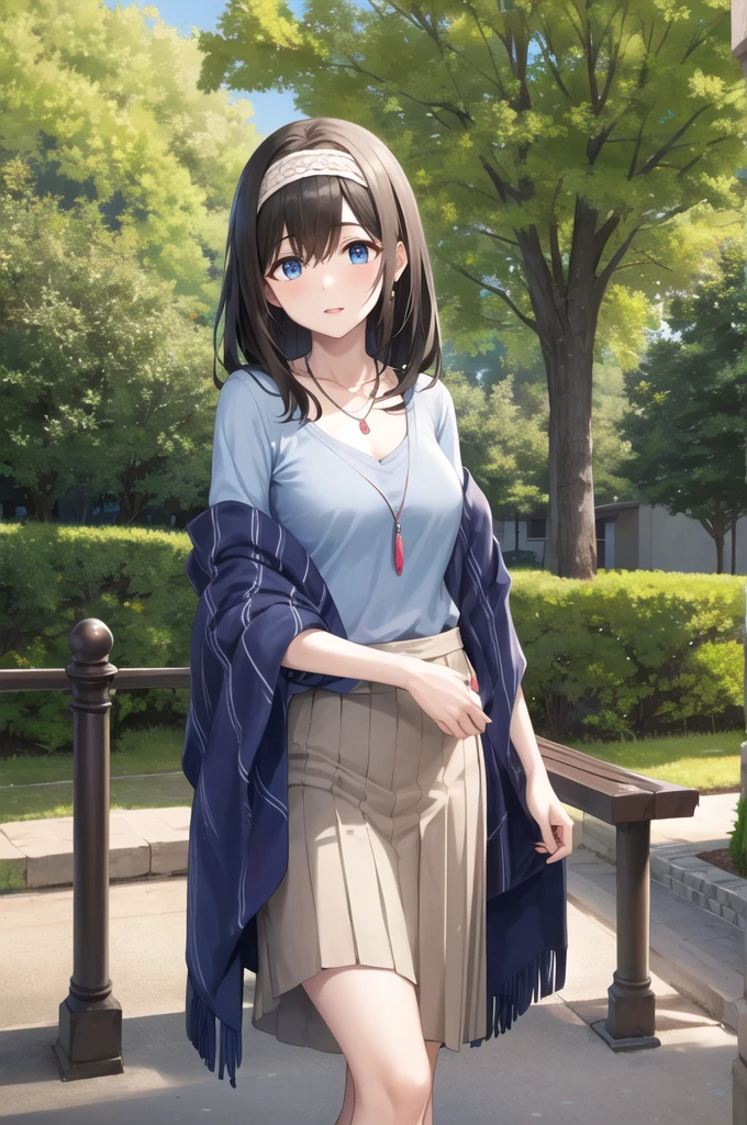 masterpiece, Highest quality, High resolution, Ahmika, Idol Master, Long Hair, hair band, clavicle, necklace, Blue sweater, Blue shawl, Brown Skirt, Cowboy Shot, Are standing, Outdoor,
