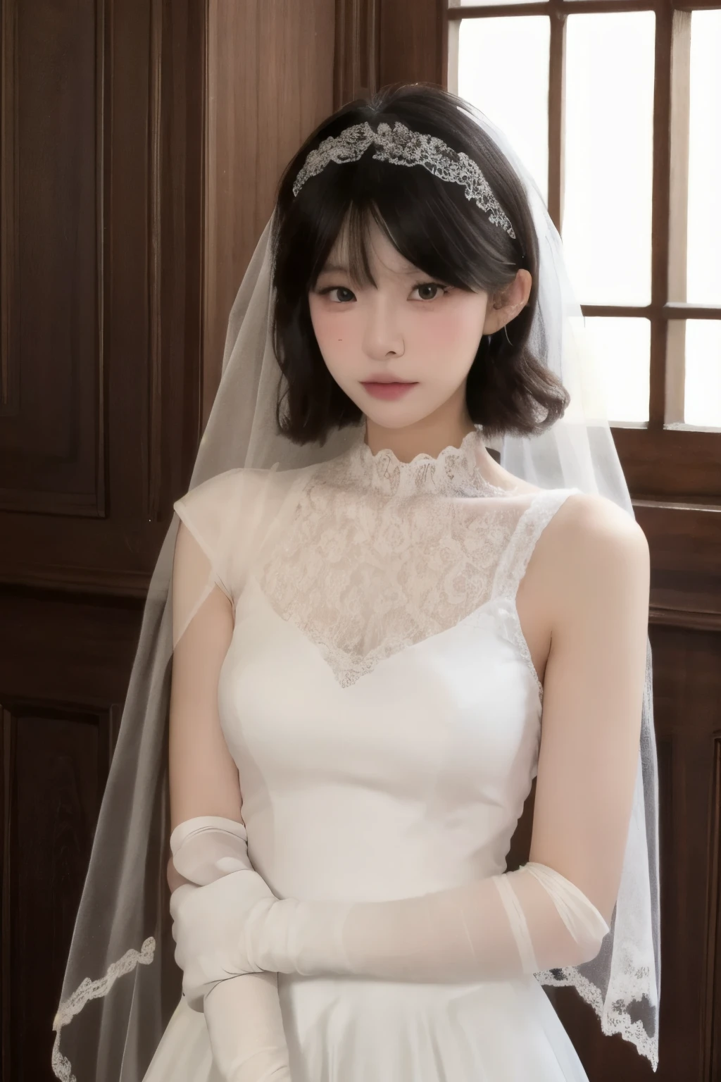 masterpiece, high quality,(Reality:1.3),Perfect eyes,Surreal, Real human skin,1 Girl, Looking at the audience, Upper Body, , Lace, Pantyhose, Wedding dress, Wedding Veil, Elbow gloves, nude