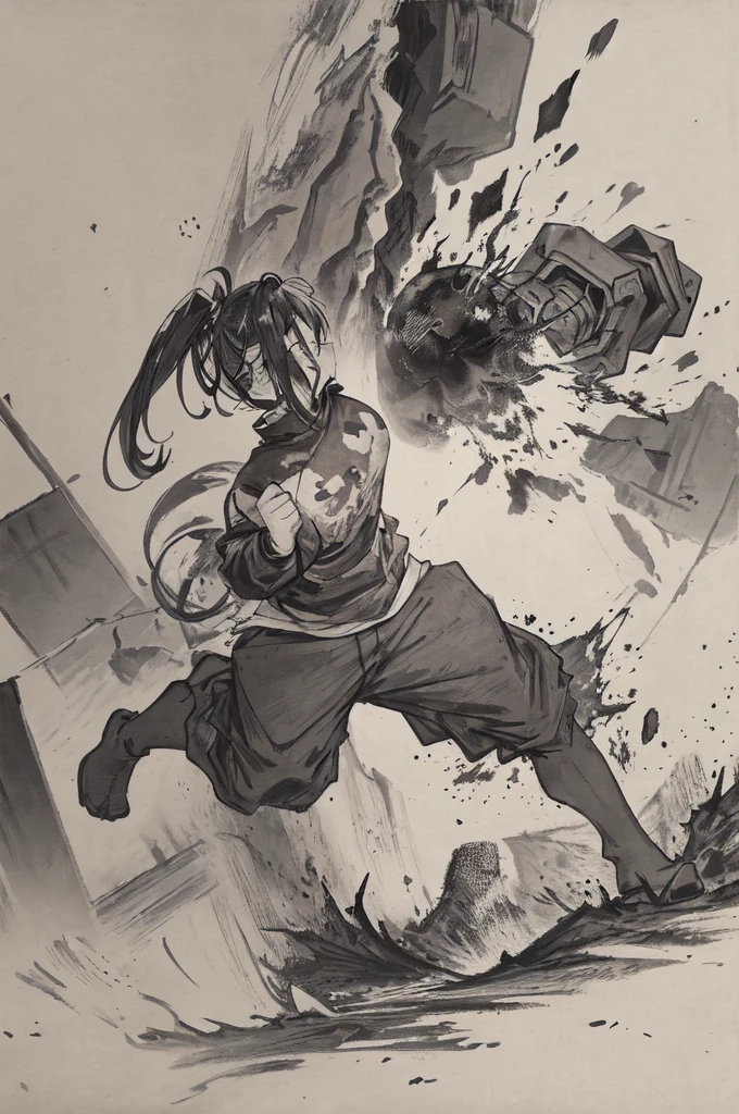 A picture of a monster drawn in black paint on a concrete wall。A beautiful girl is seen smashing a part of the concrete wall, along with the alien painting, into pieces.。The method of crushing、It is a powerful punch with bare hands.。