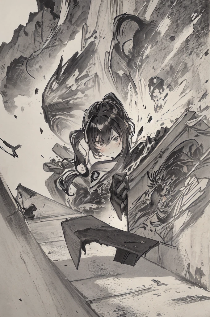 A picture of a monster drawn in black paint on a concrete wall。A beautiful girl is seen smashing a part of the concrete wall, along with the alien painting, into pieces.。The method of crushing、It is a powerful punch with bare hands.。