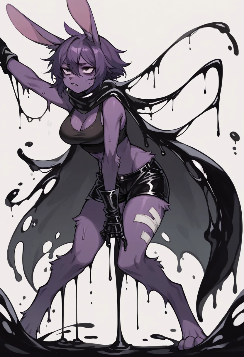 create a picture of a female half rabbit character  with purple giant rabbit digitigrade legs with white paws and black stains, put purple rabbit ears on top of her head with black stains, make her wearing a black athletic tank top and black shorts, put purple fur on her arms from her elbows down, give her short brown hair, make her legs look fluffy and furry, make it in an anime style, make her outfit slightly tattered and torn, make her look super tired, give her black gauntlets, make the background look like a pitch black wet environment, cover her fur in black goo, make the black goo dripping from her arms and legs, make her look bruised, put her in a defeated stance, give her a black tattered cape, give her moderate breasts, give her several large bandages, cover the ground in black goo, make it raining black goo, make the environment very dark, completely soak her in black goo