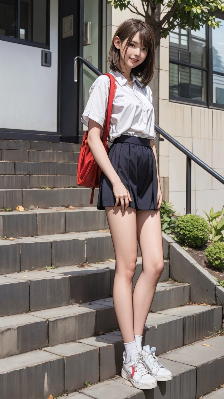 ((masterpiece)),(((Highest quality))),Thin thighs,Long legs,An 18-year-old woman standing on the steps of her school，Japan  uniform:1.5，White camellia floral lace bra:1.5,open chest white shirt，The best smile,Short-cut blonde:1.5，short side wave，Wearing stylish sneakers，Spreading her legs