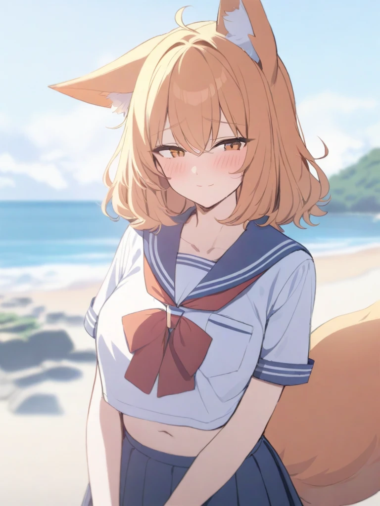 masterpiece, best quality, high quality, beautiful anime character, solo, anime girl with orange hair, messy hair, medium length hair, orange eyes, fox ears, big breasts, mature female, tall female, big girl, thick, (shy face, blush, light smile, loving eyes), outdoors, (sailor uniform, ribbon, pleated skirt), beach background, standing, slim thick, short medium hair, navel, short sleeves, huge orange fox tail,