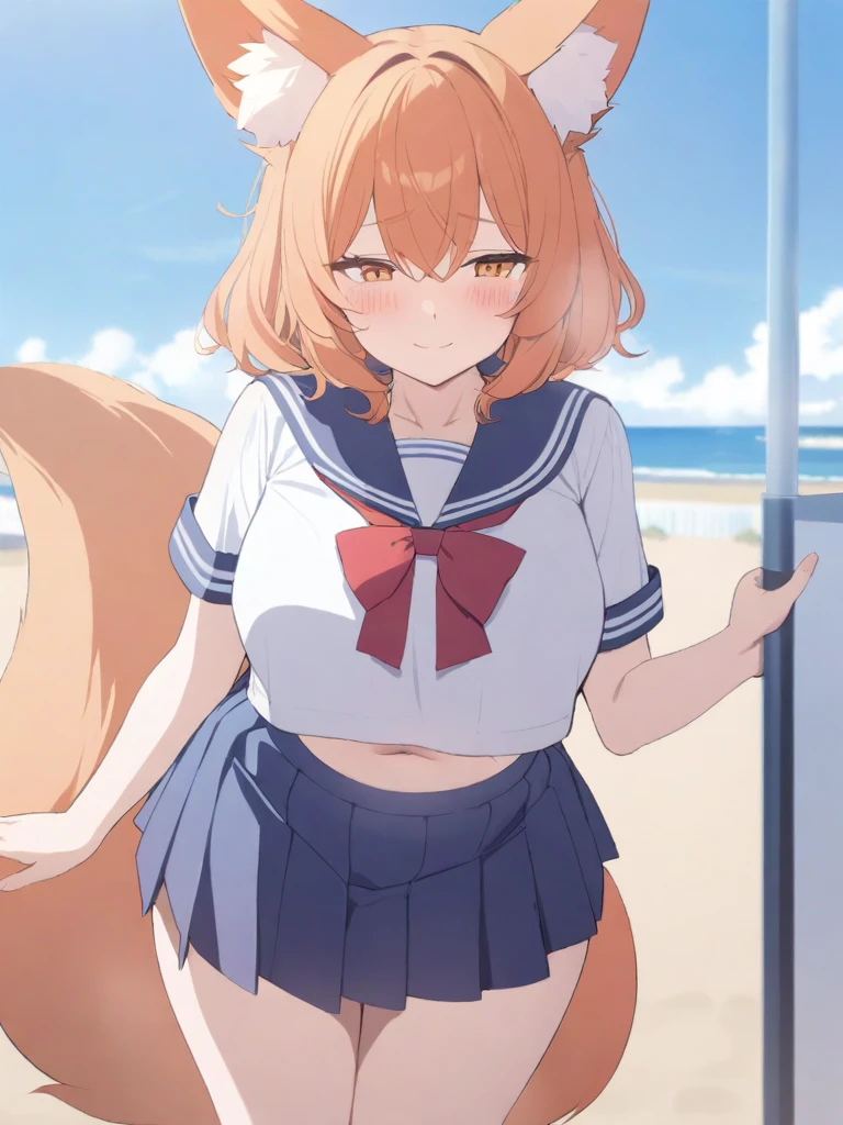 masterpiece, best quality, high quality, beautiful anime character, solo, anime girl with orange hair, messy hair, medium length hair, orange eyes, fox ears, big breasts, mature female, tall female, big girl, thick, (shy face, blush, light smile, loving eyes), outdoors, (sailor uniform, ribbon, pleated skirt), beach background, standing, slim thick, short medium hair, navel, short sleeves, huge orange fox tail,