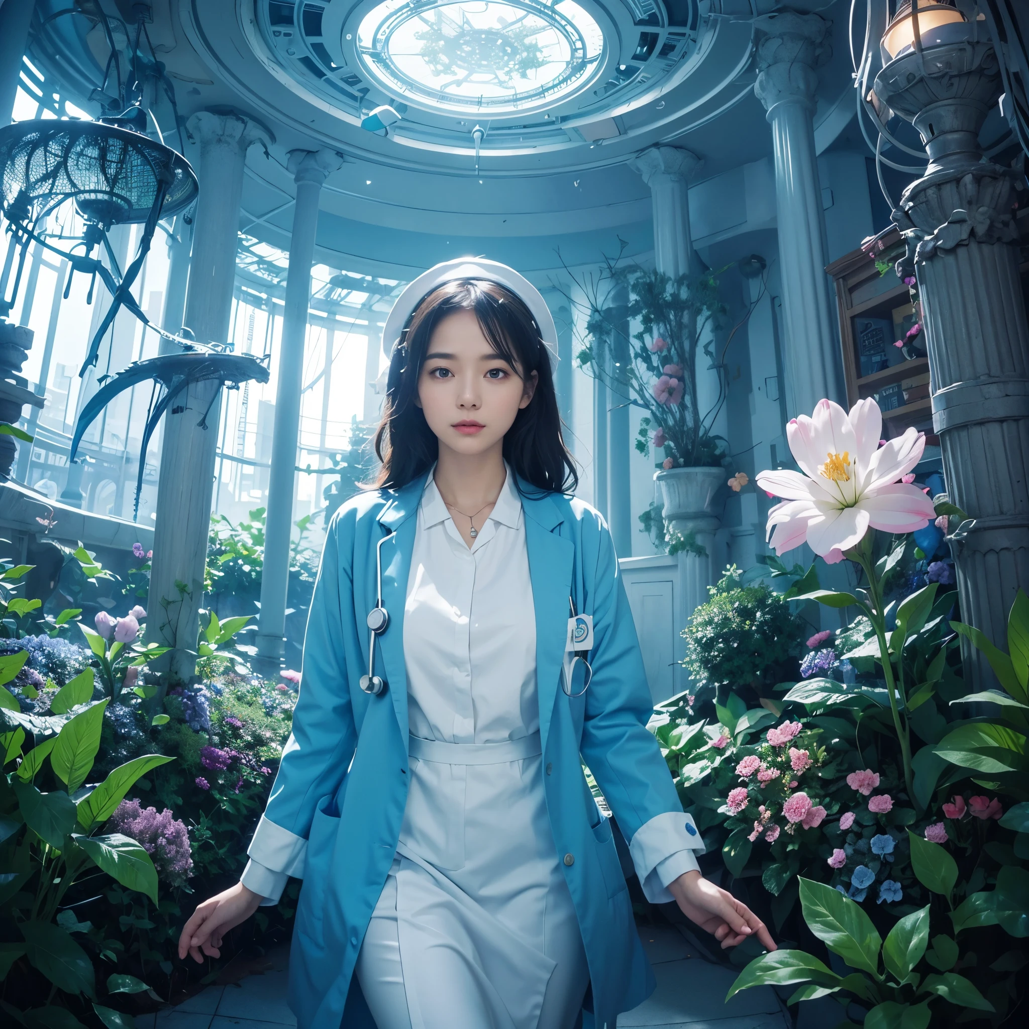 Generate a creative and imaginative image of a kind-looking woman wearing a light blue nurse uniform, embodying the qualities of an advocate type. Set her in a fantastical and dreamlike background, such as a surreal garden with oversized flowers and whimsical creatures, or a futuristic medical facility with advanced technologies and holographic displays. Infuse the image with elements of fantasy and creativity, showcasing her role as an advocate who brings hope and magic to those she cares for.