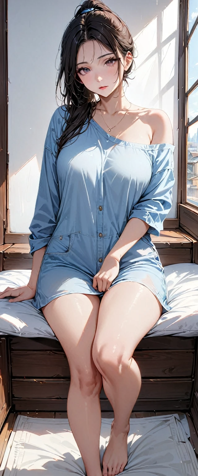 20 years old,1 mature woman,hyperrealistic, 8k, (extremely detailed 8k), (very delicate and beautiful), (masterpiece), (better quality:1.0), (ultra high resolution:1.0), (masterpiece, best quality),cute,black hair,ponytail,POV,full body,white background,realistic skin,off shoulder,