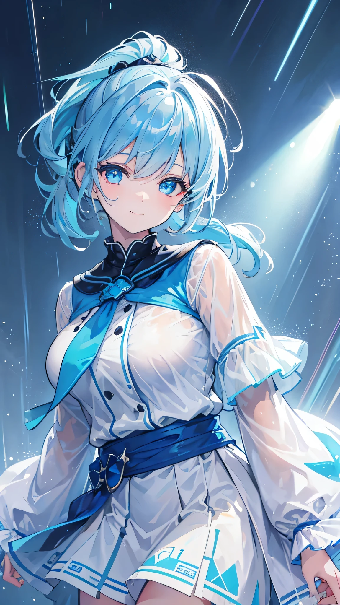 a young girl with a blue ponytail, large raindrops falling, raindrops glowing and refracting light, beams of light, light blue eyes, smiling and looking up at the sky, sunlight streaming in, best quality, 8k, high resolution, masterpiece