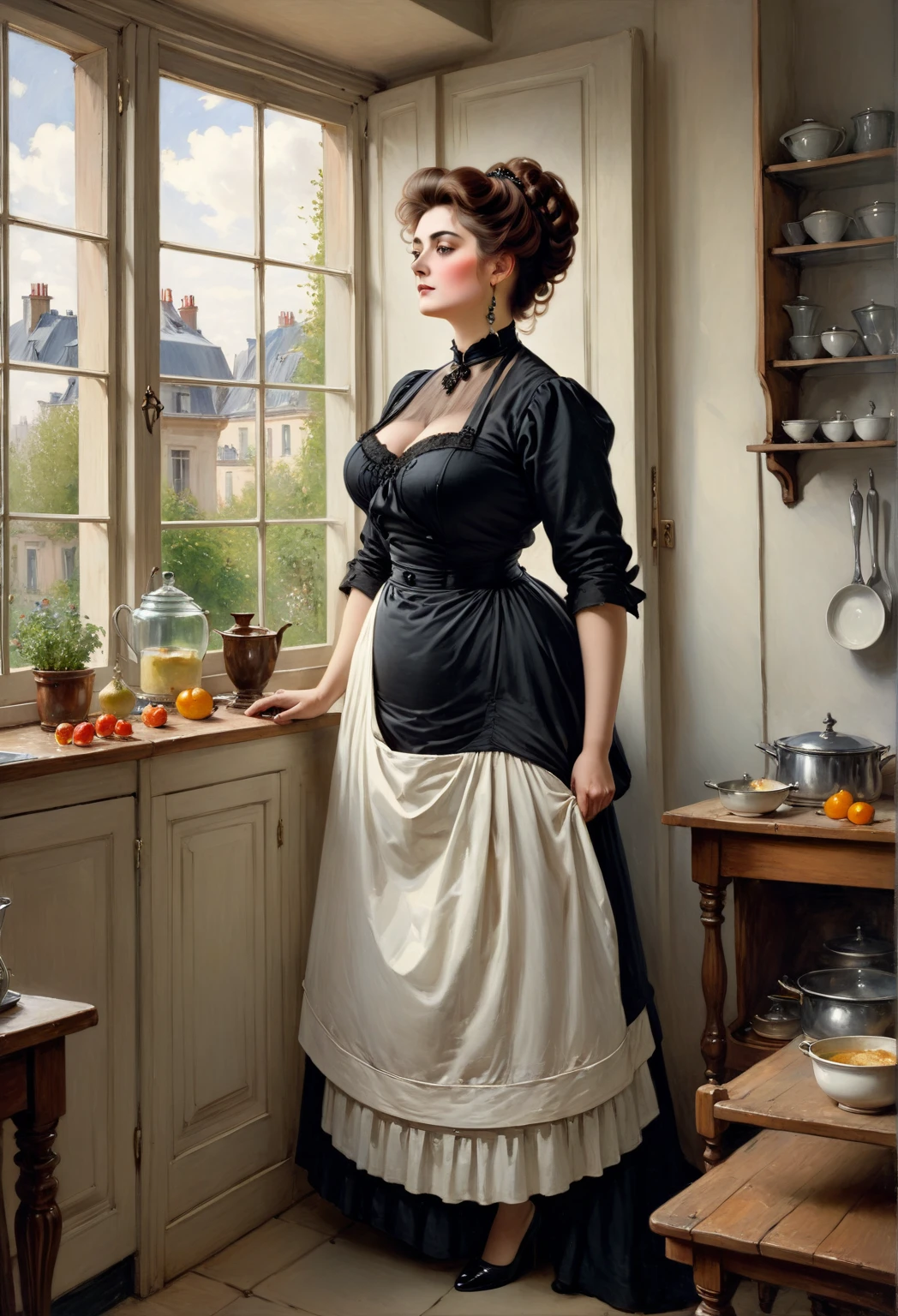 Full body shot of a curvaceous, voluptuous, 66 years old plump buxom Victorian widow wearing a black dress standing in her kitchen looking out of the window, by Jean Béraud, inspired by Jean Béraud, inspired by Édouard Detaille, edouard leon cortes, inspired by Ivan Kramskoi, inspired by Jean-Louis-Ernest Meissonier, by Édouard Detaille, inspired by Paul Émile Chabas, opulent updo hairstyle, white apron