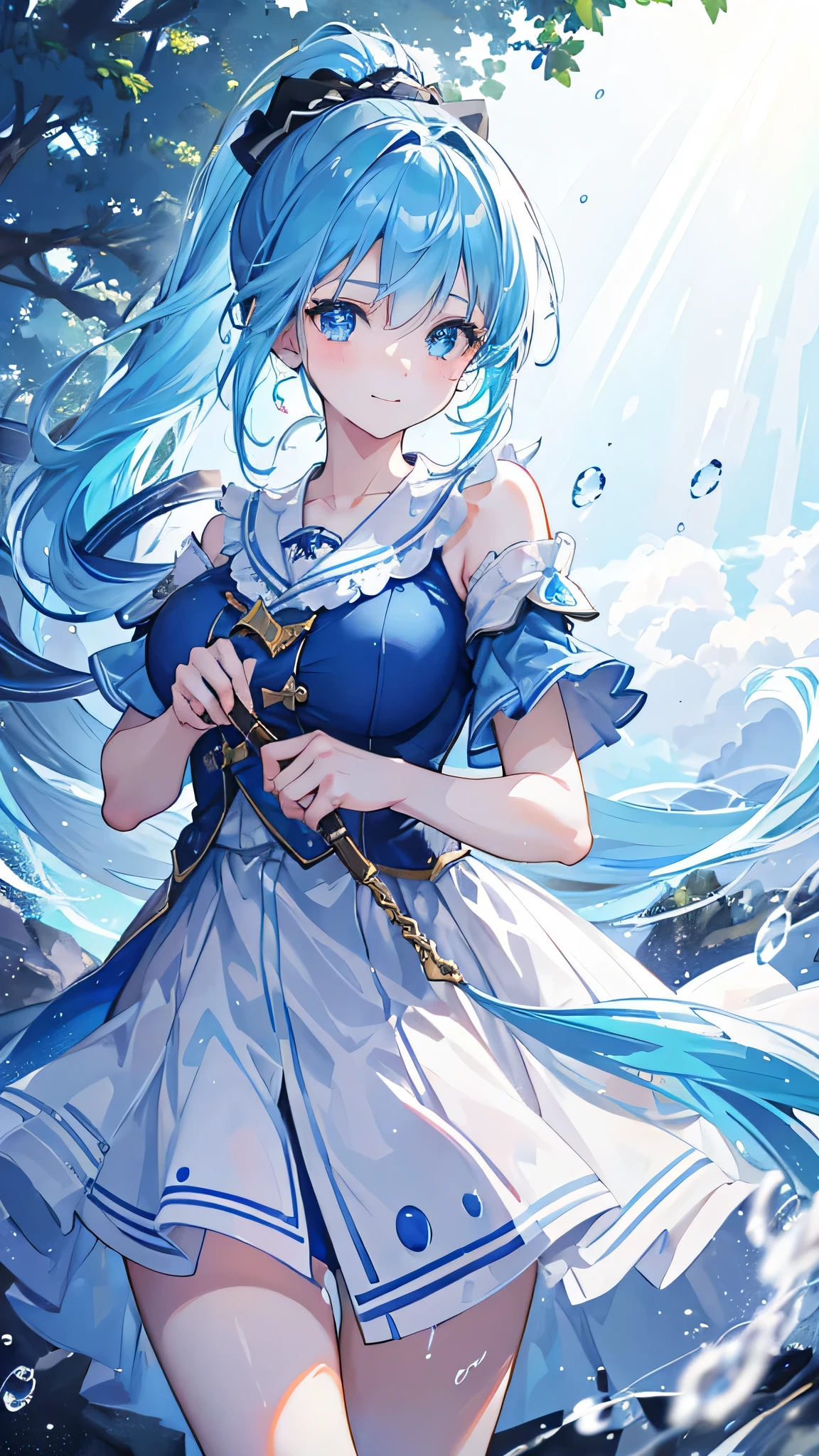 a young girl with a blue ponytail, large raindrops falling, raindrops glowing and refracting light, beams of light, light blue eyes, smiling and looking up at the sky, sunlight streaming in, best quality, 8k, high resolution, masterpiece