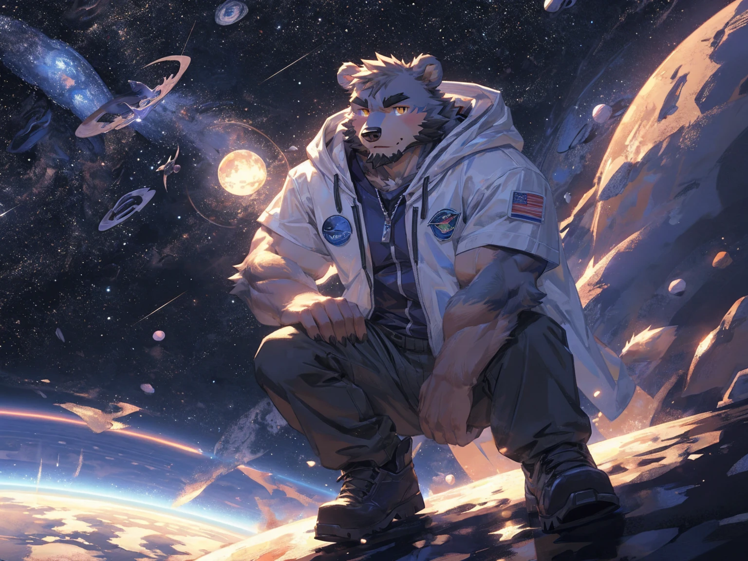 (masterpiece:1.2), best quality,pixiv,official art,perfect anatomy, (Ray tracing, light),solo, (1_male:1.3) , (muscle), (grey fur:1.4), (muscle bear), (beard:1.2), (gleaming golden eyes), bear tail, full body, Thick black eyebrows,(open hooded parka), (naked inside), (cargo pants:1.2), boots , (in the space:1.3) , star , planet , earth , asteroid , (character floating :1.3), clasping round knees