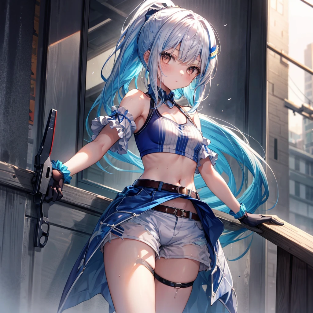 ((Highest quality)), ((masterpiece)), ((detailed)), (4K), a girl with blue hair and a top with short sleeves holding a screw driver, 1girl, 独奏, long hair, blue hair, navel, gloves, shorts, breasts, sweat, wrench, short shorts, very long hair, underwear, panties, holding, belt, arm up, ponytail, small breasts, simple background, looking at viewer, black gloves, white panties, sports bra, wiping sweat, bow, bare shoulders, bangs, cowboy shot, yellow eyes, midriff, hair bow