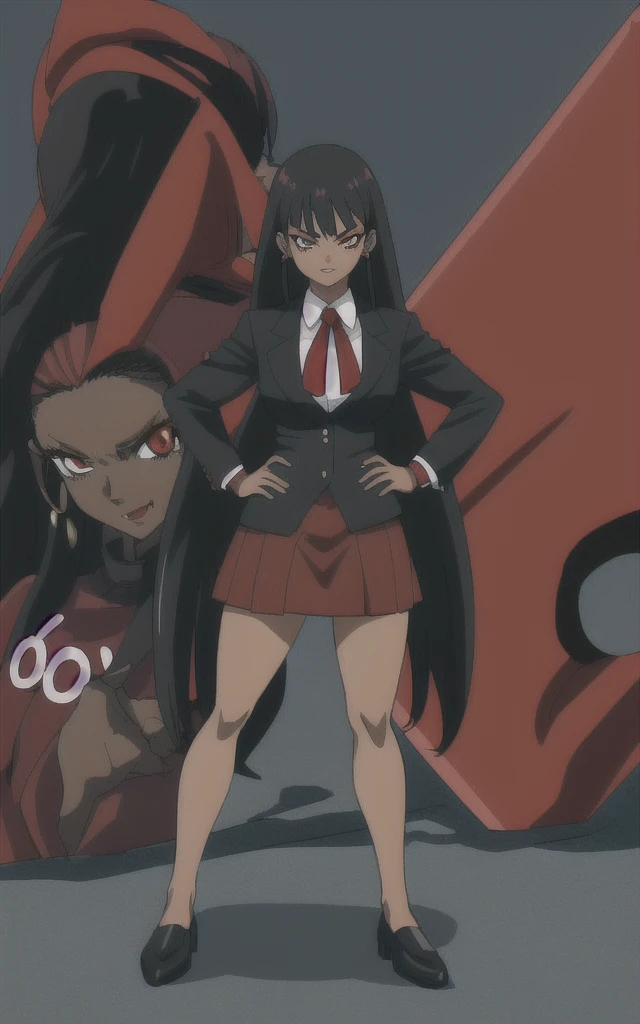 90s anime adult Evil black skinned business woman in a red skirt and red blazer suit full body