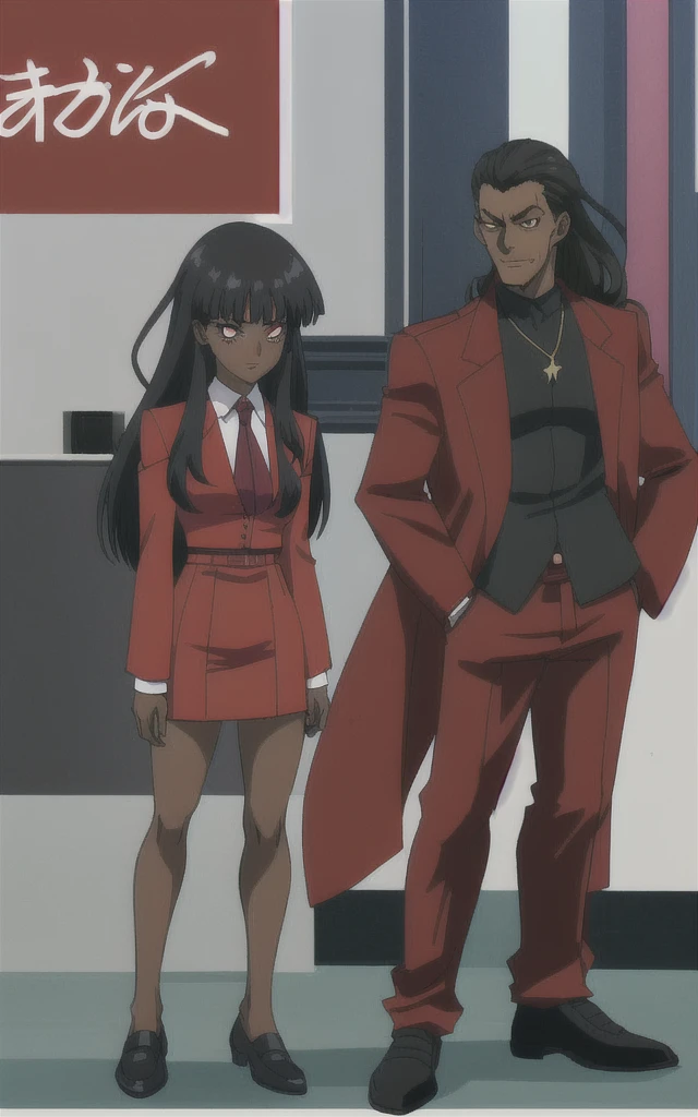 90s anime adult Evil black skinned business woman in a red skirt and red blazer suit full body