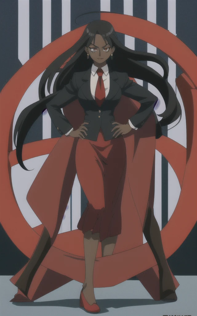 90s anime adult Evil black skinned business woman in a red skirt and red blazer suit full body