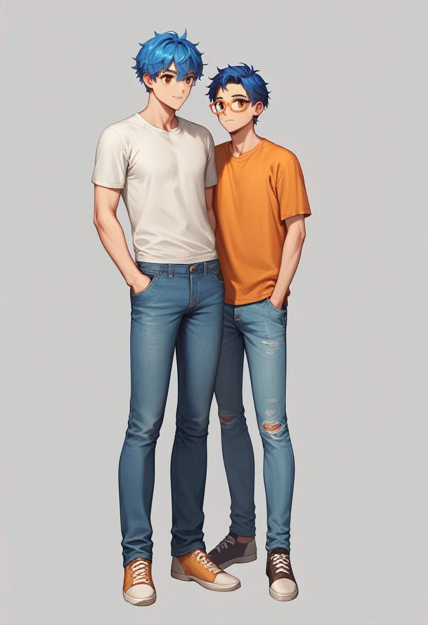 ((Best quality, chedevr)), 1 guy, Sollo, blue hair, Brown eyes, full length, large burn on the right eye, Orange glasses, White T-shirt, jeans