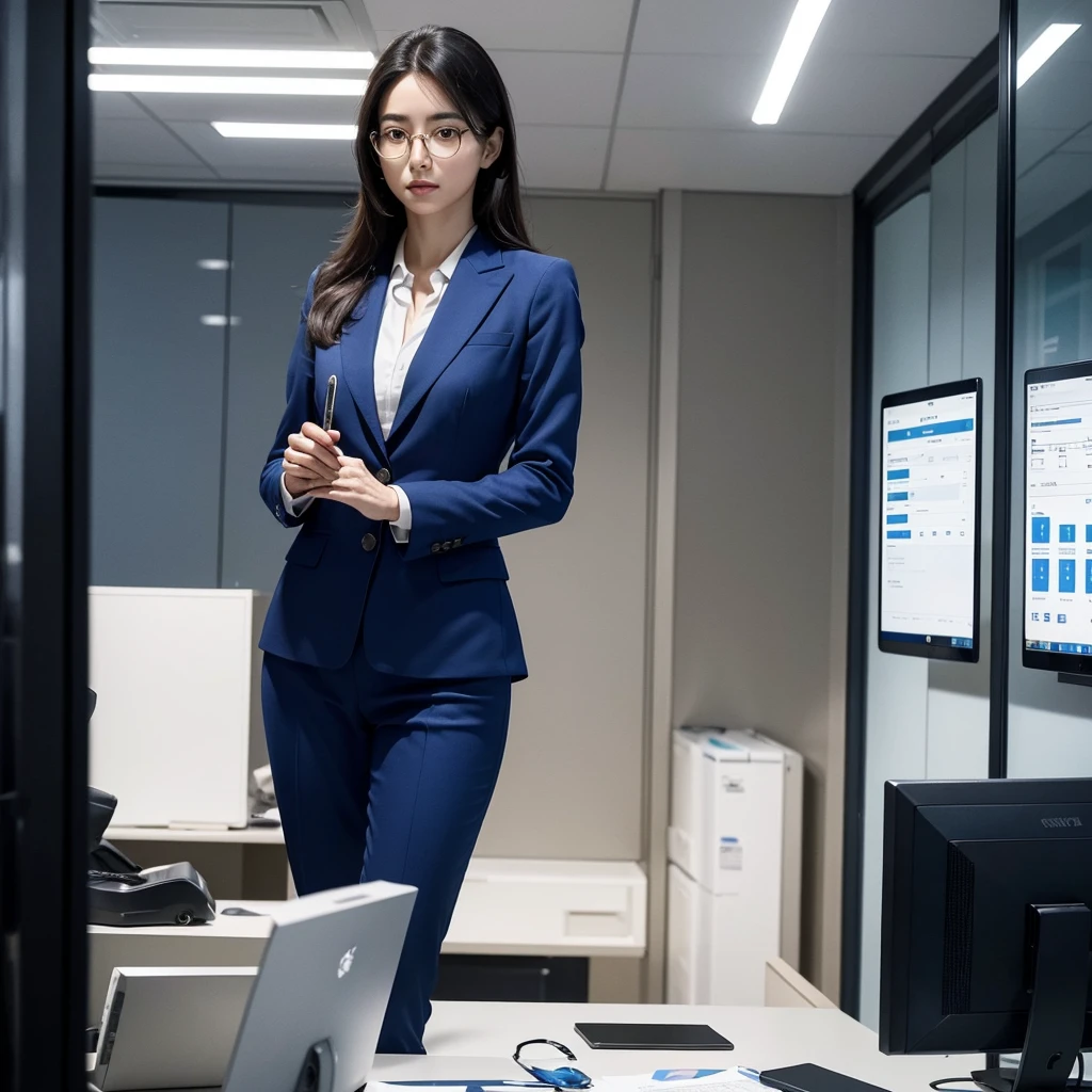 Create an image of a female executive embodying the characteristics of an MBTI commander type. She is dressed in a sharp blue suit, exuding authority and confidence, with stylish glasses perched on her nose. In her hand, she holds a long ruler, symbolizing her strategic and decisive nature. Place her in a professional setting, such as a modern office with sleek furniture and digital screens displaying charts and data. The background should reflect a sense of leadership and organization, with subtle elements hinting at her role as a capable and commanding leader. This composition should capture the essence of a strong and capable executive, showcasing her leadership qualities and determination in a visually compelling image.