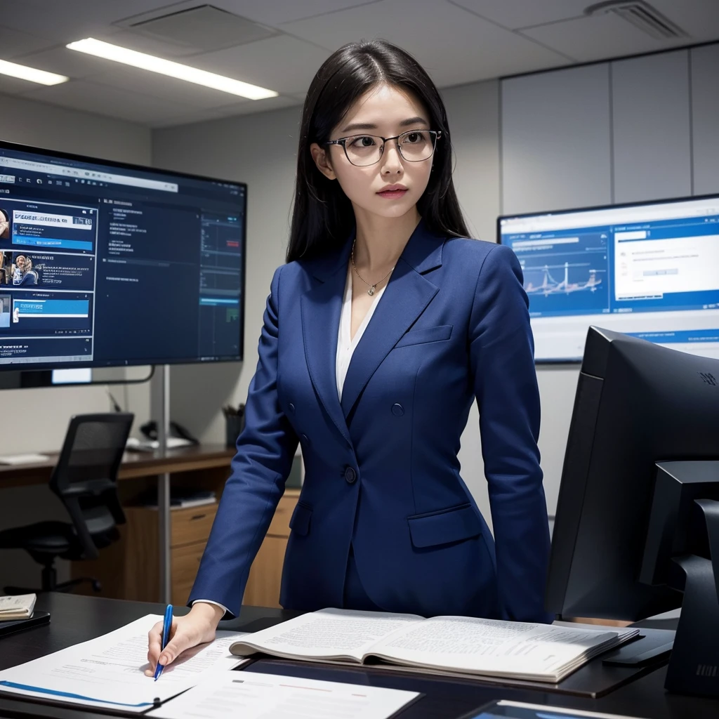 Create an image of a female executive embodying the characteristics of an MBTI commander type. She is dressed in a sharp blue suit, exuding authority and confidence, with stylish glasses perched on her nose. In her hand, she holds a long ruler, symbolizing her strategic and decisive nature. Place her in a professional setting, such as a modern office with sleek furniture and digital screens displaying charts and data. The background should reflect a sense of leadership and organization, with subtle elements hinting at her role as a capable and commanding leader. This composition should capture the essence of a strong and capable executive, showcasing her leadership qualities and determination in a visually compelling image.