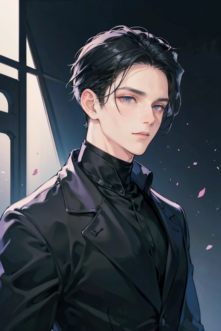 (masterpiece), best quality, seductive eyes, mature face, handsome man, jet black eyes, black slicked back hair, black turtleneck, black pants, no coat, broad shoulders, anime cover, 1boy, masculine, adult-like look
