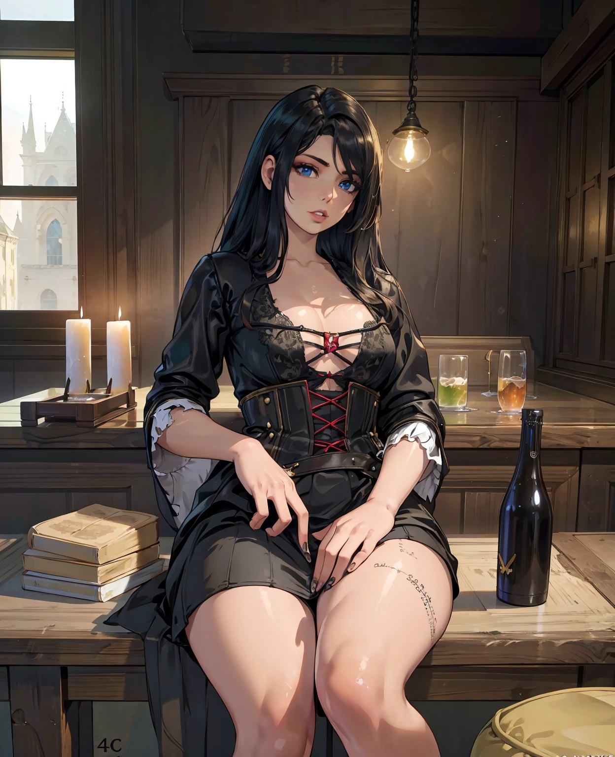 A beautiful detailed girl with stunning eyes, long eyelashes, detailed lips, gothic medieval dress, sitting in a fantasy medieval pub, (best quality,4k,8k,highres,masterpiece:1.2),ultra-detailed,(realistic,photorealistic,photo-realistic:1.37),hyperdetailed,intricate,highly detailed,cinematic lighting,dramatic shadows,moody atmosphere,warm color tones,glowing candles,wood tavern interior