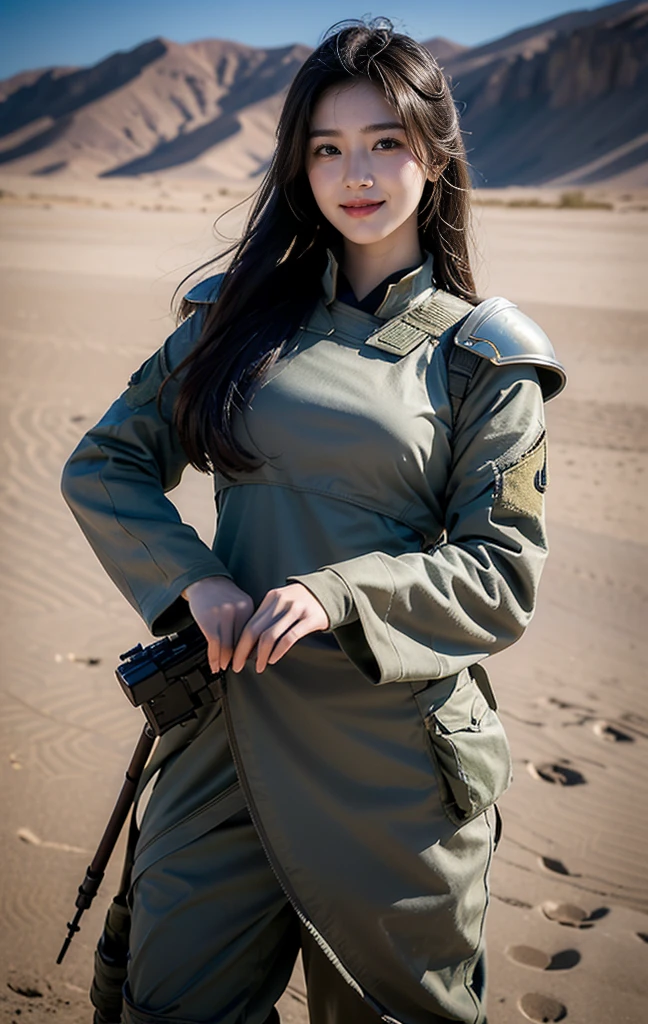 high resolution图像捕捉超精细的Reality,(Reality),best quality, high resolution,High-resolution details,Practical, Full body portrait, The real situation, Intricate details, Depth of Field, (3 Korean female soldiers),3 people standing together,Wearing new military uniform,Everyone has a weapon in his hand,Delicate face,Beautiful facial features,Smiling gently at the camera,Advanced armor in the desert background, Adds authenticity and meaning to the image